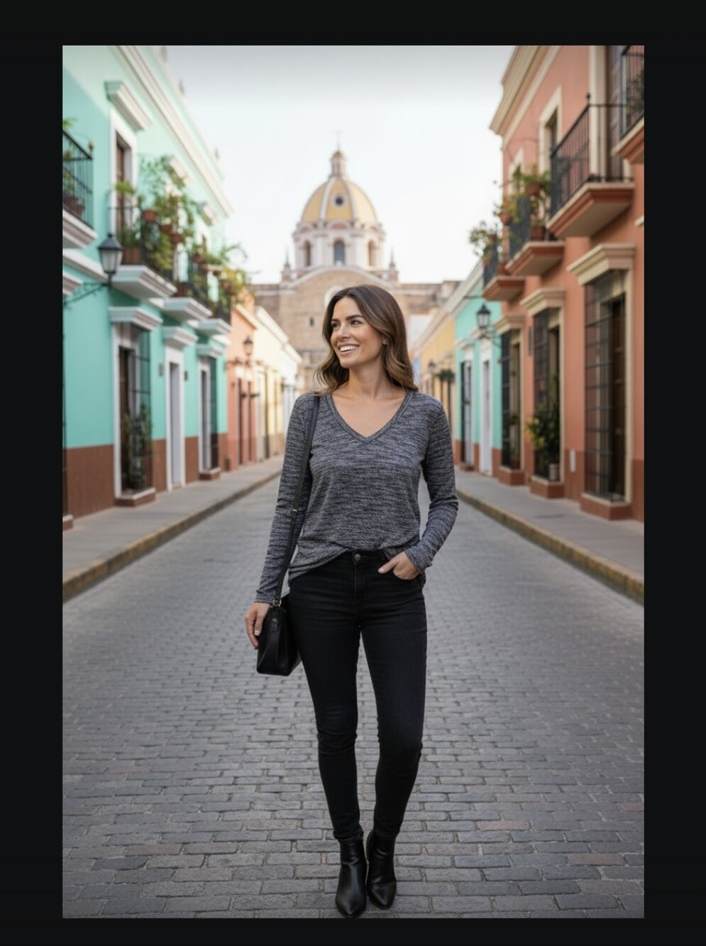 Philosophy V‑Neck Long Sleeve Top in Black Heathered